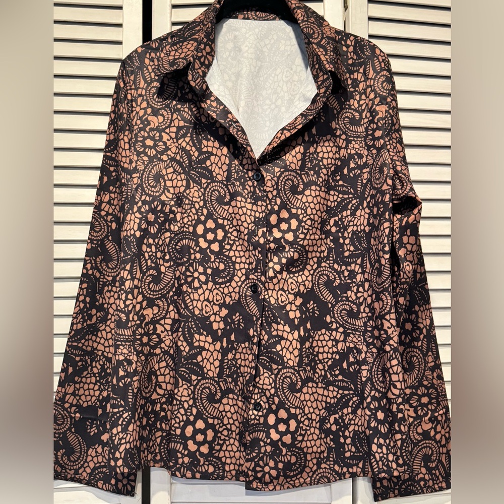 Floral print brown collared soft blouse work shirt